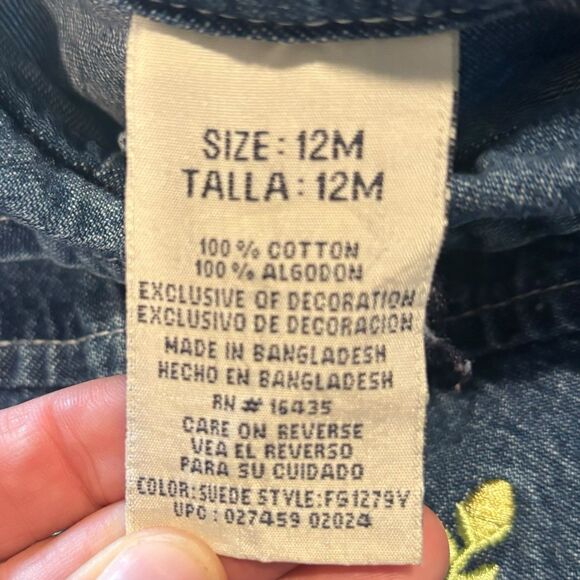 Vintage Y2K Old Navy Baby 12M Denim Jacket Embroidered Yellow Floral Ruffle Hem - Picture 3 of 7